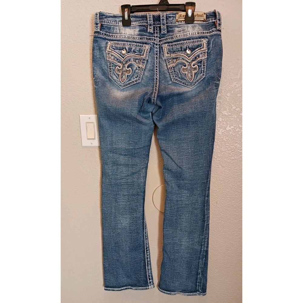 Rock Revival Rosewood Easy Boot Cut Stretch Jeans 32 Embroidered Rhinestone Flap